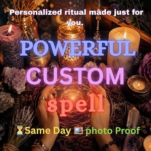 Peut inclure: Image avec les mots "Rituel personnalisé fait juste pour vous. PUISSANT SORT personnalisé." L'image présente des bougies, des cristaux et des mains, suggérant un thème spirituel ou mystique. Le texte "Preuve photo le jour même" est également visible.