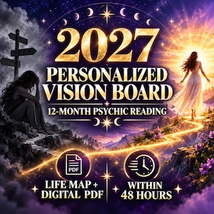 May include: A digital graphic for a 2027 Personalised Vision Board 12-Month Psychic Reading. The image features gold text, a person sitting on a dark cliff, and a person walking towards a bright sun. Includes icons for a PDF and 48-hour delivery.
