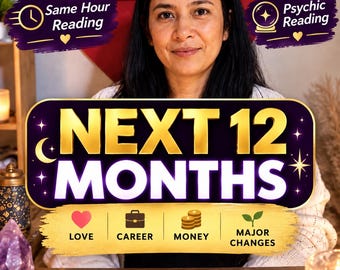 May include: A digital graphic overlay featuring the text NEXT 12 MONTHS in bold gold and white letters. Below, four icons represent Love, Career, Money, and Major Changes. Two purple banners at the top display Same Hour Reading and Psychic Reading.