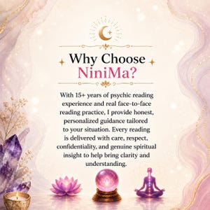 May include: A promotional graphic titled Why Choose NiniMa? featuring a crescent moon icon, a purple crystal cluster, a pink lotus flower, a glowing purple crystal ball on a stand, and a silhouette of a person in a meditative pose on a light background.