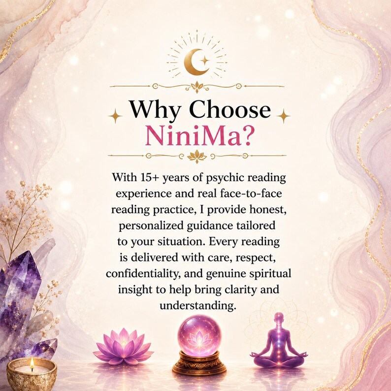 May include: A promotional graphic titled Why Choose NiniMa? featuring a crescent moon icon, a purple crystal cluster, a pink lotus flower, a glowing purple crystal ball on a stand, and a silhouette of a person in a meditative pose on a light background.