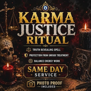 May include: A digital graphic titled KARMA JUSTICE RITUAL featuring a gold scale, a human skull, red and black candles, and occult symbols. Text includes TRUTH REVEALING SPELL, PROTECTION FROM UNFAIR TREATMENT, BALANCE ENERGY WORK, SAME DAY SERVICE, and PHOTO PROOF INCLUDED.