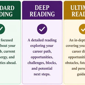 May include: Three vertical rectangular panels labeled Standard Reading in green, Deep Reading in purple, and Ultimate Reading in gold. Each section features a checkmark icon and descriptive text outlining the scope of career-focused reading services.