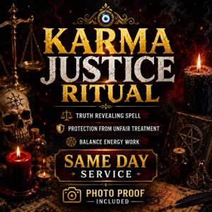 Könnte beinhalten: Eine digitale Grafik mit dem Titel KARMA JUSTICE RITUAL, die eine goldene Waage, einen menschlichen Schädel mit Symbol, eine brennende rote Kerze, eine schwarze Kerze und ein Pentagramm-Buch zeigt. Der Text umfasst TRUTH REVEALING SPELL, PROTECTION FROM UNFAIR TREATMENT, BALANCE ENERGY WORK, SAME DAY SERVICE und PHOTO PROOF INCLUDED.