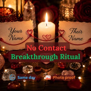 May include: A white pillar candle with a lit flame and a red heart graphic, flanked by two parchment-style cards featuring the text Your Name and Their Name, surrounded by scattered red and clear crystals and fairy lights with text overlays.