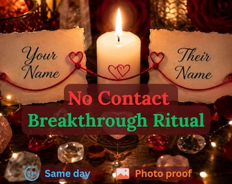 May include: A white pillar candle with a lit flame and a red heart graphic, flanked by two parchment-style cards featuring the text Your Name and Their Name, surrounded by scattered red and clear crystals and fairy lights with text overlays.