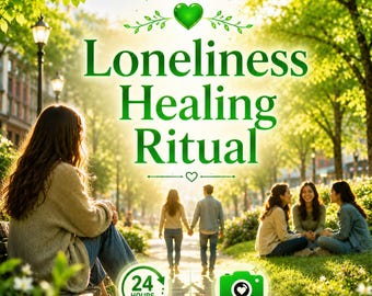 May include: A digital graphic featuring the text Loneliness Healing Ritual with a green heart icon. The background shows a sunlit park with a person sitting in the foreground and people walking in the distance. Includes 24 Hours Same Day and Photo Proof icons.