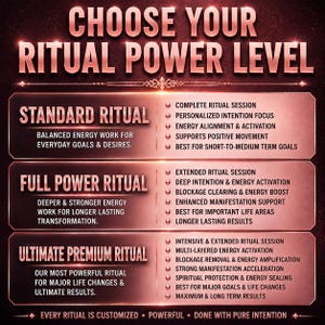 May include: A dark background graphic titled CHOOSE YOUR RITUAL POWER LEVEL in rose gold text. It lists three tiers: STANDARD RITUAL, FULL POWER RITUAL, and ULTIMATE PREMIUM RITUAL, each with bulleted descriptions of energy work and session details.