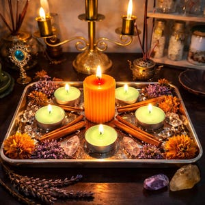 May include: A rectangular metal tray holds a central ribbed orange pillar candle surrounded by four light green tea light candles, cinnamon sticks, dried orange flowers, purple lavender sprigs, and clear quartz crystals arranged on a dark surface.