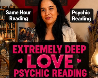 May include: A person holding two tarot cards with dark, ornate illustrations. Text overlays read: Same Hour Reading, Psychic Reading, EXTREMELY DEEP LOVE PSYCHIC READING, and five yellow stars. The background features shelves with glass bottles and a lamp.