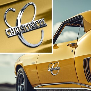 May include: A metallic silver emblem featuring a stylized cursive letter C with the text CHRISTINE 22 integrated horizontally across the center. The emblem is displayed on the side panel of a glossy yellow car with a chrome door handle.