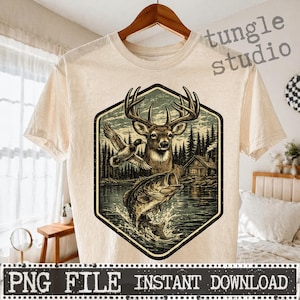 Imagen PNG de pato ciervo pescando, diseño de sublimación de caza, camiseta gráfica de camuflaje de cazador de patos ánade real, archivos digitales, descarga instantánea.