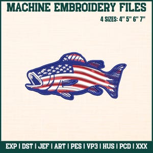 May include: Machine embroidery file featuring a fish design with a patriotic theme. The fish is colored with the American flag, including red and white stripes and a blue section with white stars. Available in 4 sizes: 4", 5", 6", and 7".