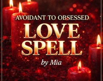 May include: A close-up of several red candles with lit flames. The text "AVOIDANT TO OBSESSED LOVE SPELL by Mia" is displayed in gold lettering. Additional text at the bottom reads "Fast Results • Same Day Casting • Photo Proof."