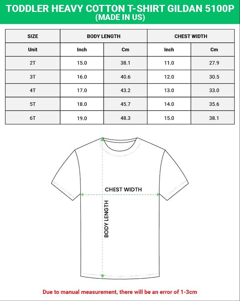 May include: A white toddler t-shirt with size and measurement details. The chart shows body length in inches and centimeters, ranging from 15.0 inches (38.1 cm) to 19.0 inches (48.3 cm). Chest width is also provided in inches and centimeters.