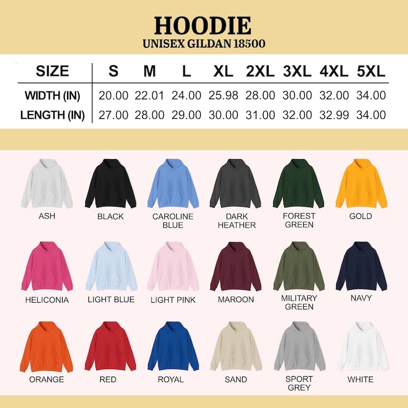 May include: A product image showcasing a variety of Gildan 18500 unisex hoodies in various colors, including ash, black, and navy. The image includes a size chart with width and length measurements in inches, ranging from S to 5XL.