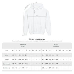 May include: A white hooded sweatshirt with a front pocket, displayed with size chart measurements in inches and centimeters. The chart details width, length, and sleeve length for various sizes, including XS to 5XL.