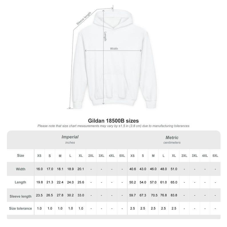 May include: A white hooded sweatshirt with a front pocket, displayed with size chart measurements in inches and centimeters. The chart details width, length, and sleeve length for various sizes, including XS to 5XL.