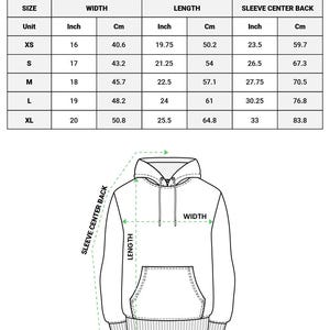 May include: Diagram of a youth hoodie with measurements in inches and centimeters. The chart shows sizes XS to XL, with corresponding width, length, and sleeve center back measurements. The text reads "YOUTH HOODIE (MADE IN US)".