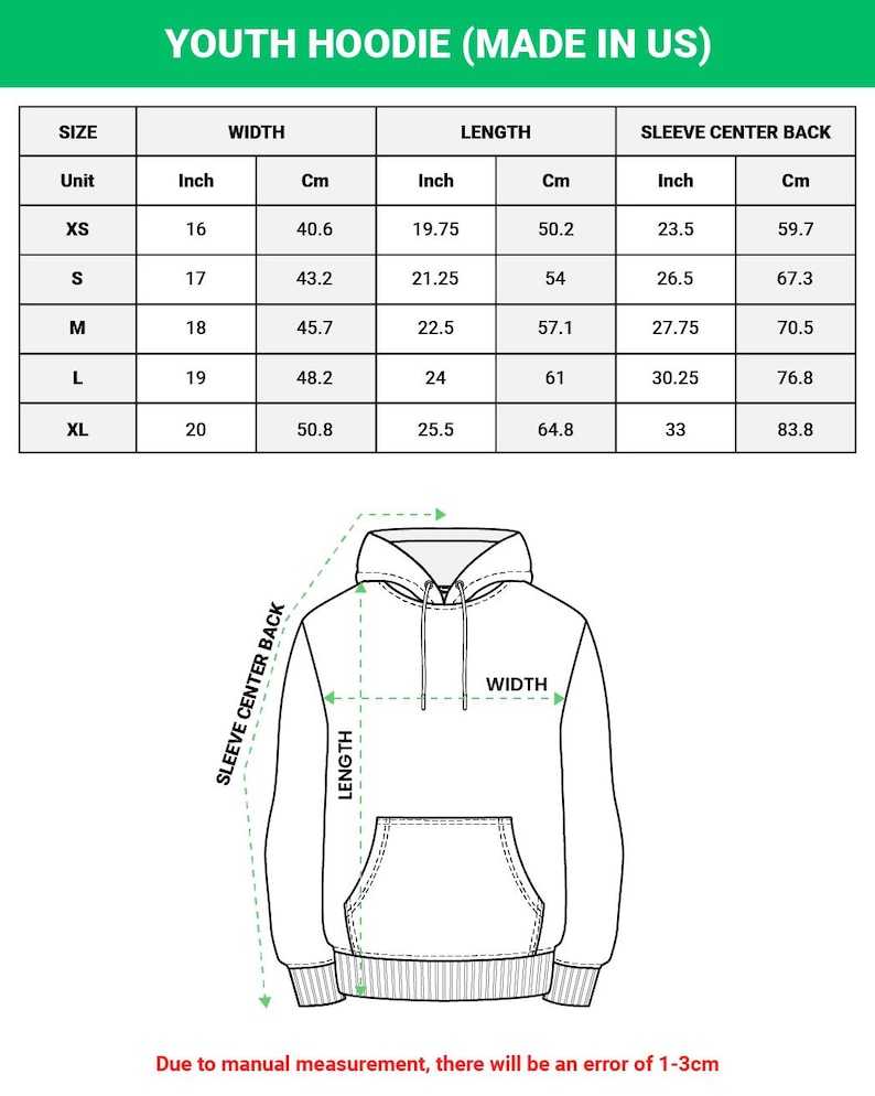 May include: Diagram of a youth hoodie with measurements in inches and centimeters. The chart shows sizes XS to XL, with corresponding width, length, and sleeve center back measurements. The text reads "YOUTH HOODIE (MADE IN US)".