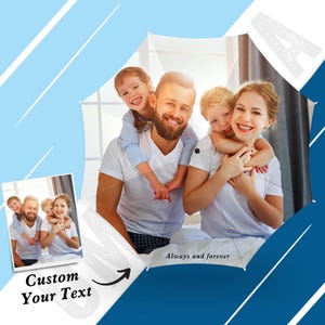 May include: A personalized photo print featuring a family of four, with a smaller inset photo. The main image shows a smiling family in white shirts, with the text "Always and forever" and "Custom Your Text". The background has blue and white geometric shapes.
