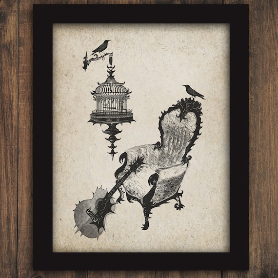 Dollhouse Miniature Vintage Look Framed Bird Illustration