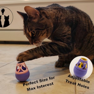 Könnte beinhalten: Eine getigerte Katze interagiert mit einem lila und rosa Katzensnack-Spender. Der Spender hat verstellbare Leckerli-Löcher und ist mit "Perfect Size for Max Interest" beschriftet. Ein zweiter Spender wird in einem Kreis gezeigt.