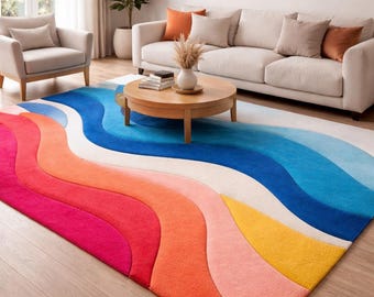 Modern Abstract Hand Tufted Rug – Colorful Wavy Rainbow Design Wool Area Rug for