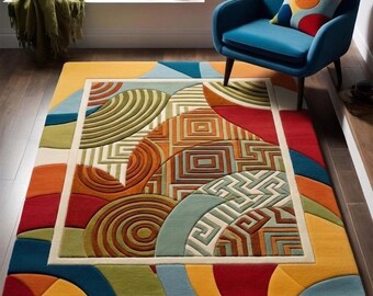 Tapete geométrico em mosaico tufado à mão | Tapete abstrato moderno de meados do século | Piso colorido com esculturas 3D