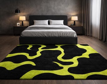 Modern Abstract Hand Tufted Rug – Black & Lime Green Wavy Pattern Wool Carpet,