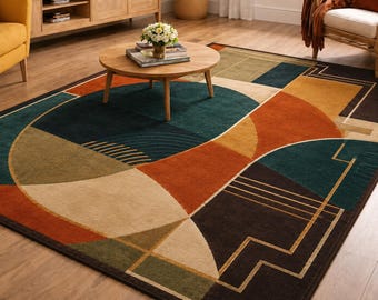 Tapete moderno de meados do século XX, tufado à mão | Tapete geométrico Bauhaus | Abstrato em tons de laranja queimado, verde-azulado e mostarda