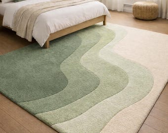 Sage Green & Ivory Area Rug, Modern Abstract Wave Tufted Carpet, Handmade Bedroom