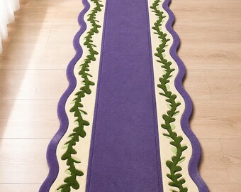 Tapete com borda floral, tapete de lã tufado à mão, tapete de corredor luxuoso roxo, personalizado.