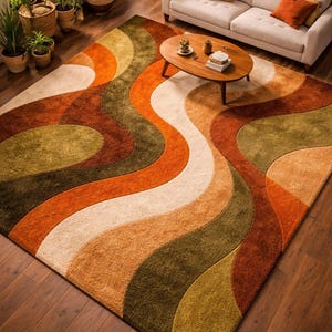 May include: A large, rectangular area rug with a retro design. The rug features a wavy pattern in shades of orange, brown, green, and cream. The rug is placed on a dark wood floor, and the room is decorated with plants and a sofa.