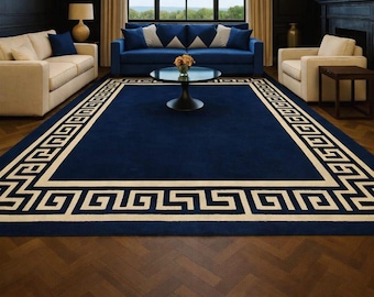 Blue and Ivory Border Rug, Greek Key Pattern Tufted Carpet, Elegant Home Decor