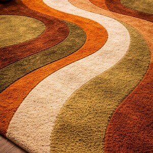 May include: A retro-style area rug with a wavy pattern in shades of orange, brown, beige, and olive green. The rug has a plush texture and is placed on a wooden floor. The design evokes a 1970s aesthetic.