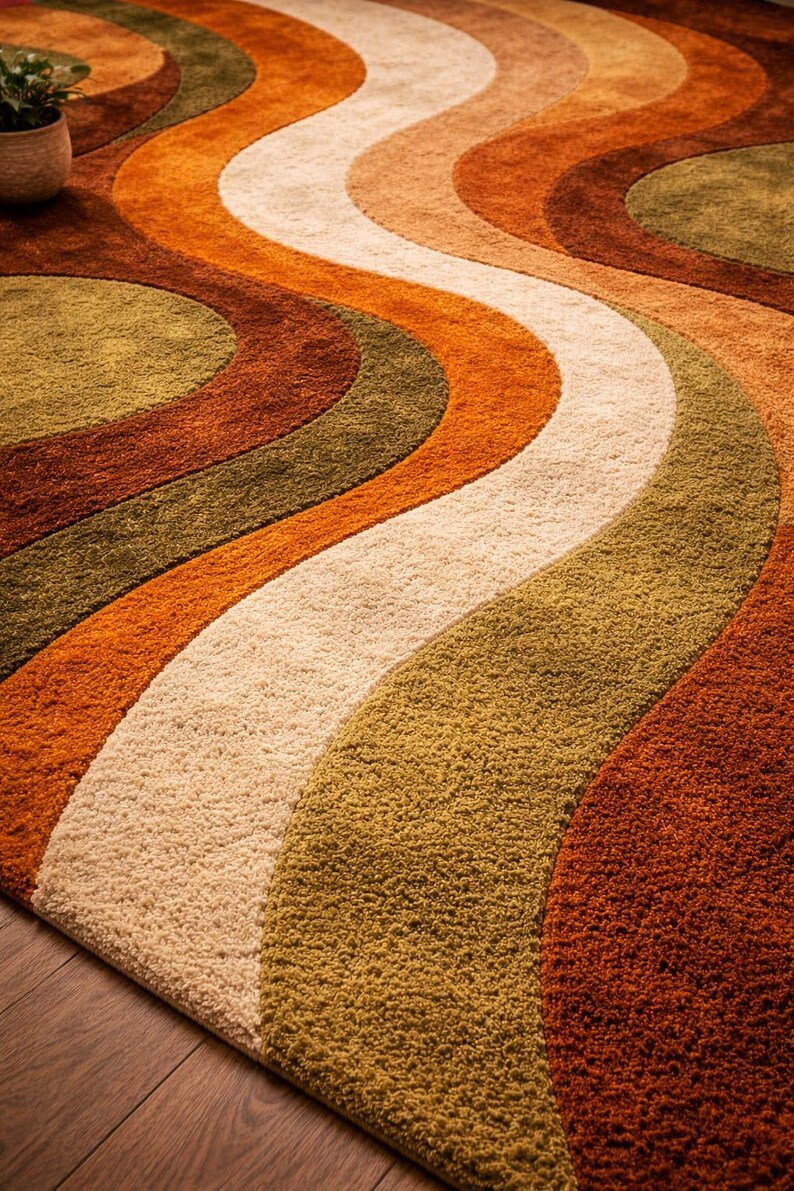 May include: A retro-style area rug with a wavy pattern in shades of orange, brown, beige, and olive green. The rug has a plush texture and is placed on a wooden floor. The design evokes a 1970s aesthetic.