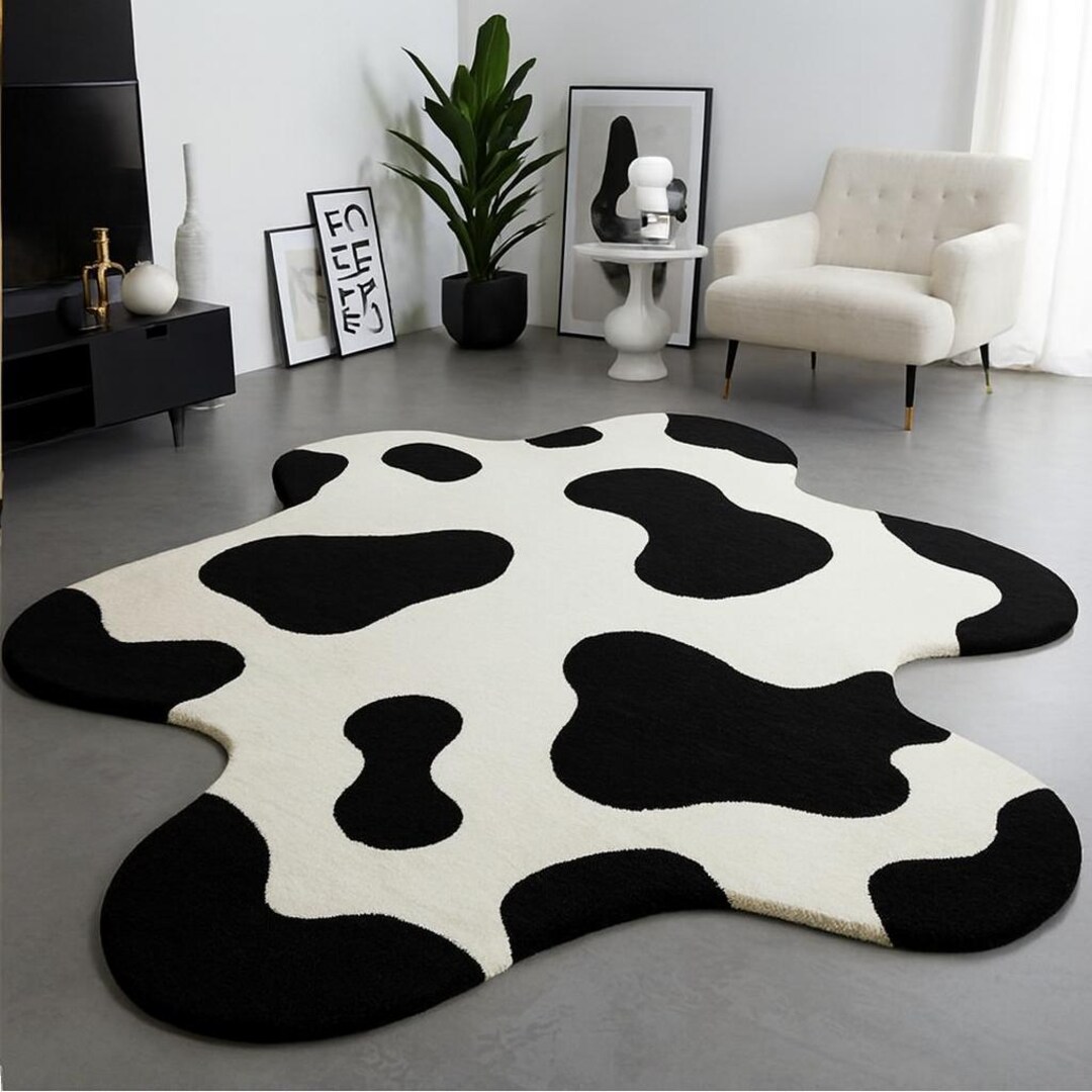 Black and White Cow Print Rug | Irregular Organic Shape Area Rug ...