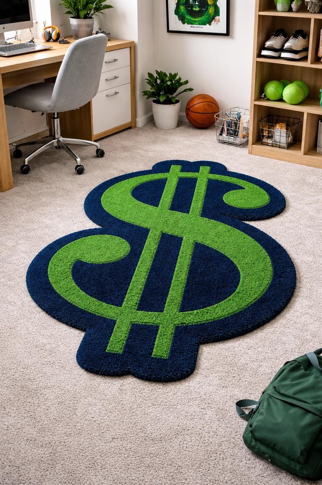 Hand-tufted Dollar Sign Rug | Green & Black Money Symbol Area Rug ...