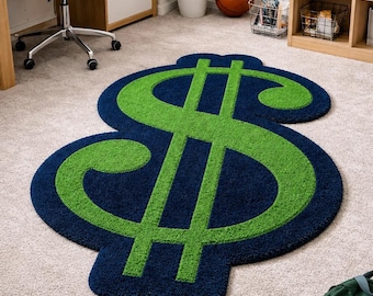 Tapete feito à mão com símbolo de dólar | Tapete verde e preto com símbolo de dinheiro | Decoração de chão estilo streetwear