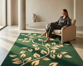 Tapete floral verde, tapete com estampa botânica de folhas, tapete tufado feito à mão, sala de estar moderna, natureza