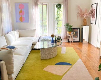 Tapete moderno abstrato verde tufado, tapete minimalista, tapete contemporâneo para sala de estar, feito à mão.