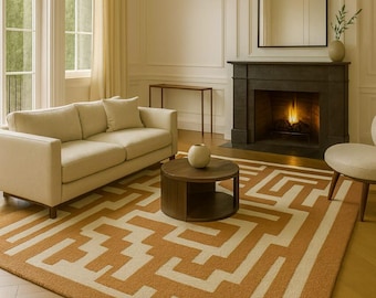Alfombra geométrica moderna de lana tejida a mano, con estampado beige y tostado, para sala de estar.