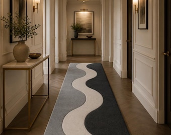 Tapete Passadeira com Ondas Abstratas, Tapete Moderno Cinza e Preto para Corredor, Tapete de Entrada Tufted Feito à Mão