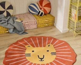 Tapete tufado em formato de L para quarto infantil, tapete para berçário com tema de animais, tapete artesanal com leão, estilo safari.