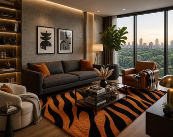 Tapete com estampa de tigre, tapete preto e laranja com estampa animal, tapete moderno estilo safari para sala de estar.