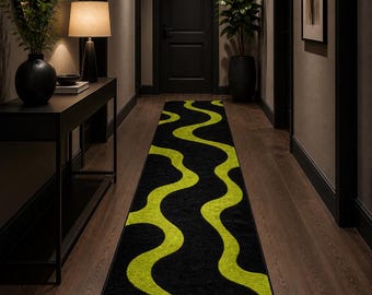 Tapete passante abstrato com ondas em tons de preto e verde limão, feito à mão com tufos, decoração moderna para hall de entrada.