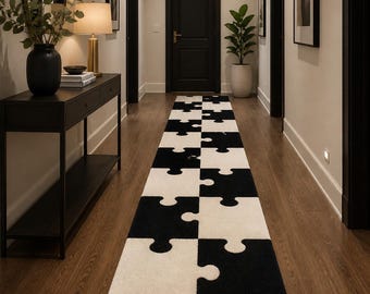 Tapete passante preto e branco com padrão de quebra-cabeça, tapete geométrico feito à mão para corredor, decoração moderna para hall de entrada.