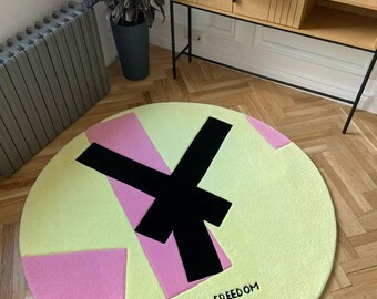 Tapete redondo personalizado feito à mão - "Liberdade da Juventude" | Verde limão e rosa