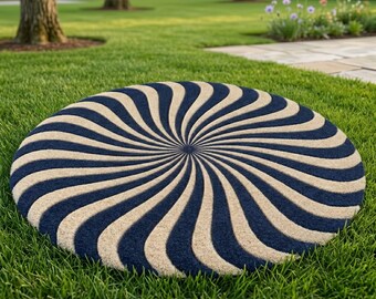 Tapete redondo azul com espiral, tapete com detalhes em espiral, tapete circular tufado retrô, tapete abstrato moderno para áreas externas.